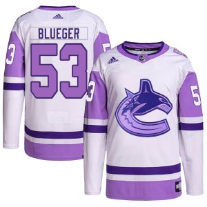 Teddy Blueger Youth Adidas Vancouver Canucks Authentic White/Purple Hockey Fights Cancer Primegreen Jersey