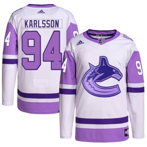 Linus Karlsson Youth Adidas Vancouver Canucks Authentic White/Purple Hockey Fights Cancer Primegreen Jersey