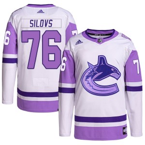 Arturs Silovs Youth Adidas Vancouver Canucks Authentic White/Purple Hockey Fights Cancer Primegreen Jersey