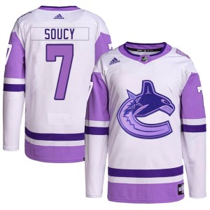 Carson Soucy Youth Adidas Vancouver Canucks Authentic White/Purple Hockey Fights Cancer Primegreen Jersey