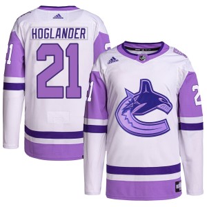 Nils Hoglander Men's Adidas Vancouver Canucks Authentic White/Purple Hockey Fights Cancer Primegreen Jersey