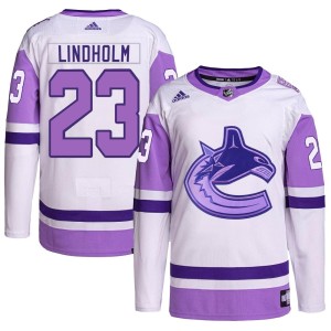 Elias Lindholm Men's Adidas Vancouver Canucks Authentic White/Purple Hockey Fights Cancer Primegreen Jersey