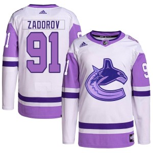 Nikita Zadorov Men's Adidas Vancouver Canucks Authentic White/Purple Hockey Fights Cancer Primegreen Jersey
