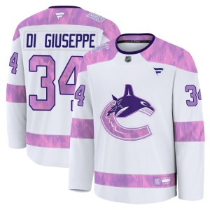 Phillip Di Giuseppe Men's Fanatics Vancouver Canucks Premium White 2024 Hockey Fights Cancer Practice Jersey
