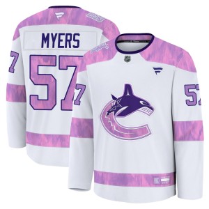 Tyler Myers Men's Fanatics Vancouver Canucks Premium White 2024 Hockey Fights Cancer Practice Jersey