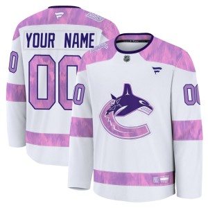 Custom Youth Fanatics Vancouver Canucks Premium White Custom 2024 Hockey Fights Cancer Practice Jersey